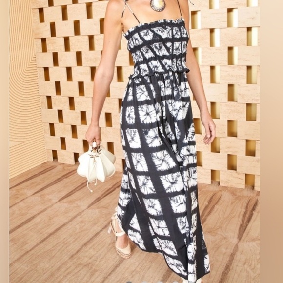 Ulla Johnson Akshara Dress Paragon Size 2 Tie Die Midi Dress Black White Smocked - Picture 1 of 16